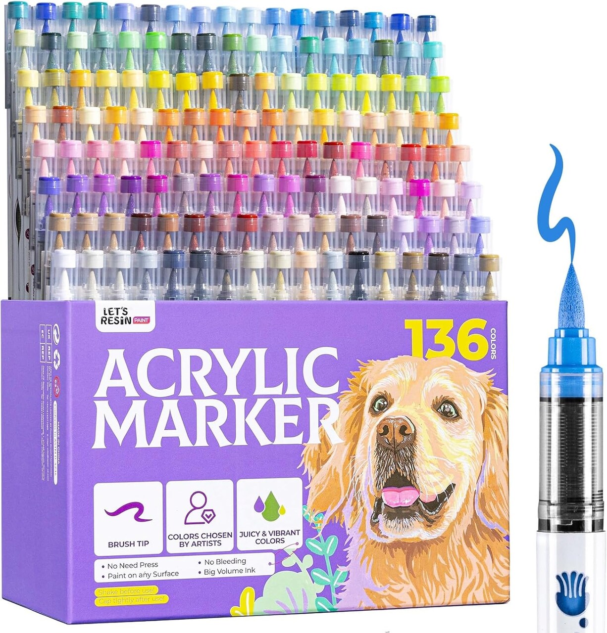 LET'S RESIN PAINT136 Colors Acrylic Paint Markers Direct Liquid,Brush Tip Acrylic Paint Pens for Coloring,Water-Based Acrylic Markers for Drawing,Painting,Canvas,Art Supplies,Craft